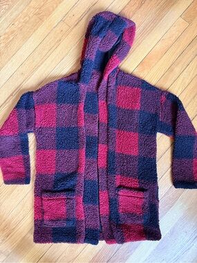 Cozy Plush- Medium- Hooded Cardigan in Black and Red Buffalo Check